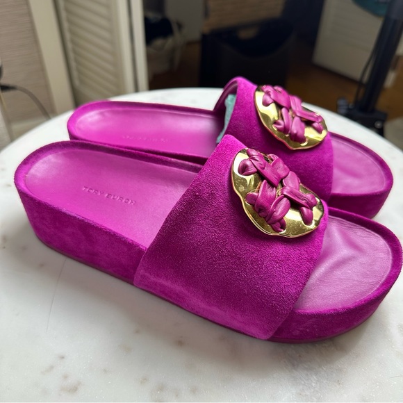 Tory Burch Woven Double T Slide Sandals in Fuchsia 8.5 - Picture 2 of 8